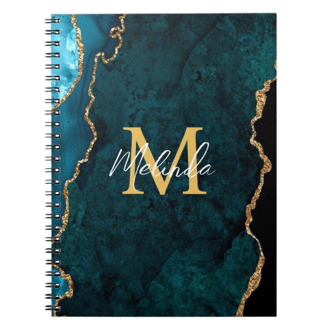 Teal Blue and Gold Marble Agate Notebook (Front)