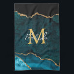 Teal Blue and Gold Marble Agate Tea Towel<br><div class="desc">This kitchen towel features an elegant and glamourous agate marble background with geode gemstone detailing and faux gold glitter accents. The monogram combines handwritten script and modern sans serif fonts for a classy and sophisticated look. This will make the ideal gift as it can be customised with a name and...</div>