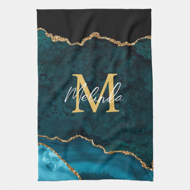 Teal Blue and Gold Marble Agate Tea Towel (Vertical)