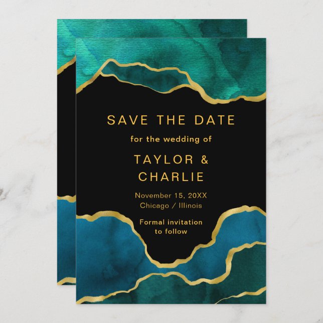 Teal Blue and Gold Painted Agate Save the Date (Front/Back)