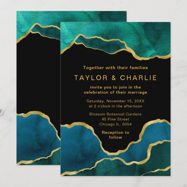 Teal Blue and Gold Painted Agate Wedding Invitatio Invitation (Front/Back)