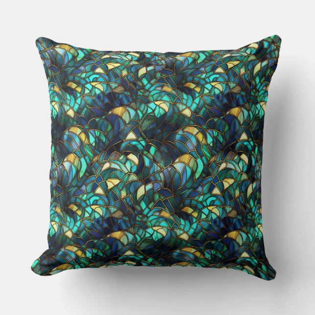 Teal, Blue and Gold Peacock Stained Glass Cushion (Front)