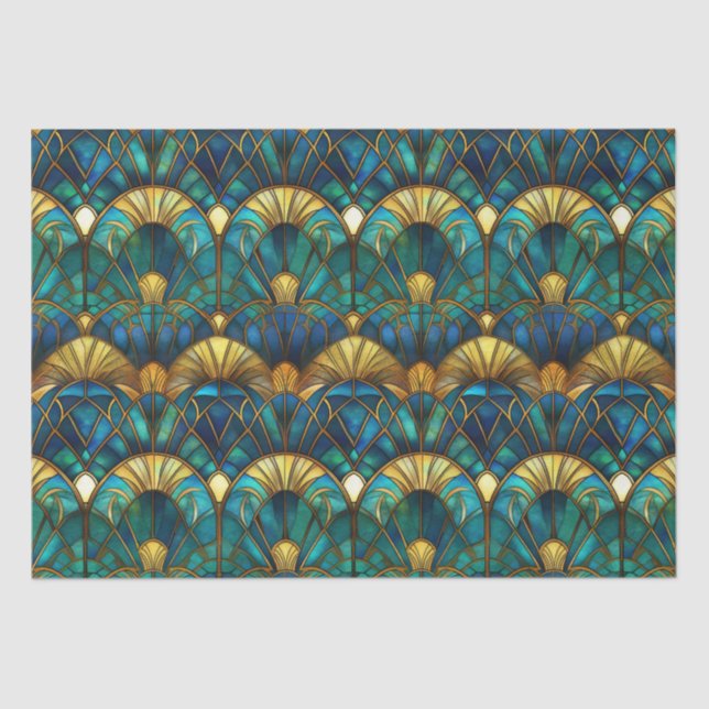 Teal, Blue and Gold Peacock Stained Glass Tissue Paper (Front)
