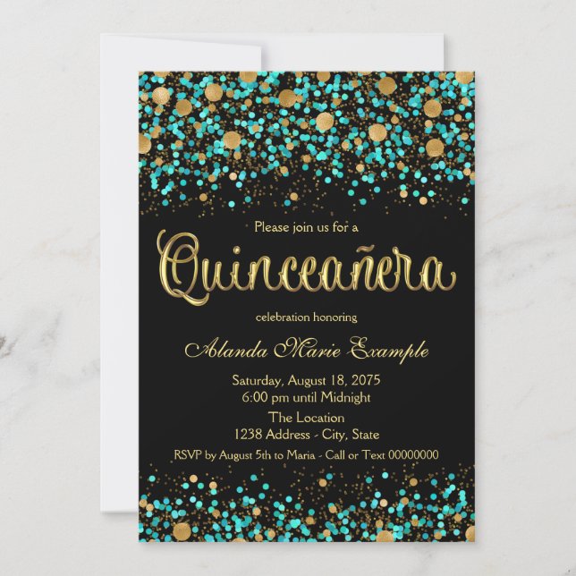 Teal Blue and Gold Quinceanera Invitation (Front)