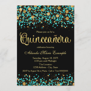 Teal Blue and Gold Quinceanera Invitation