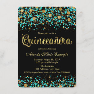 Teal Blue and Gold Quinceanera Invitation