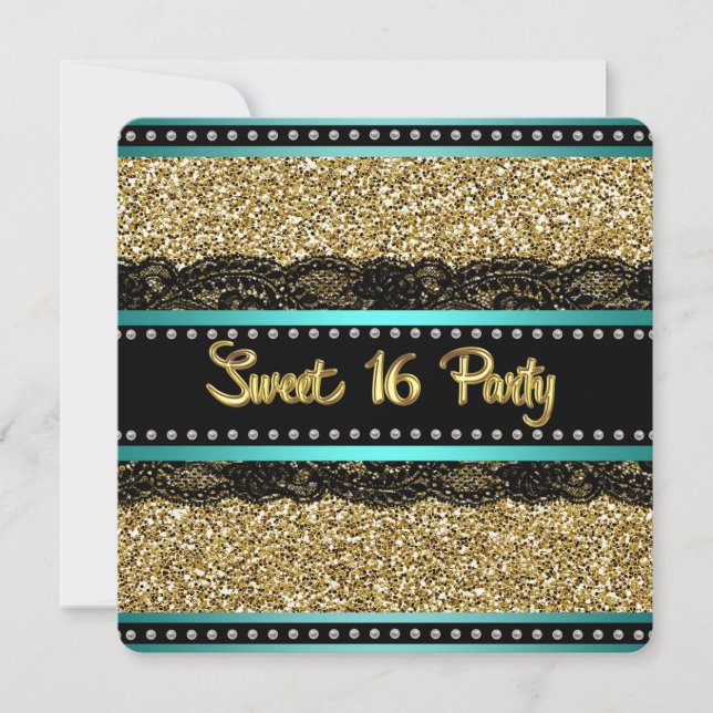 Teal Blue and Gold Sweet 16 Birthday Party Invitation (Front)