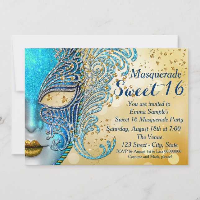 Teal Blue and Gold Sweet 16 Masquerade Party Invitation (Front)