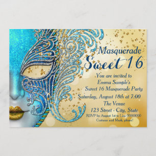 Teal Blue and Gold Sweet 16 Masquerade Party Invitation