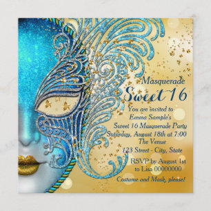 Teal Blue and Gold Sweet 16 Masquerade Party Invitation
