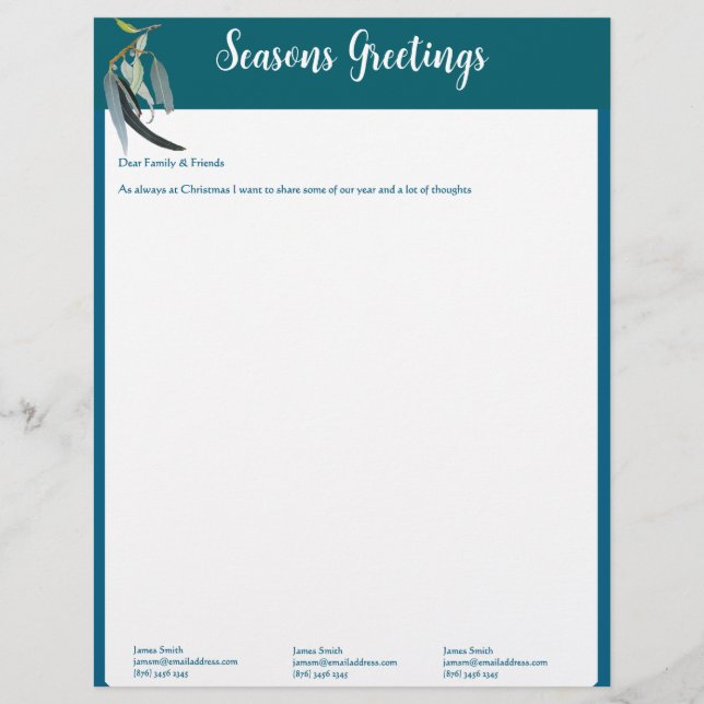 Teal Blue and Green Christmas Letter w' Photos Custom Letterhead (Front)