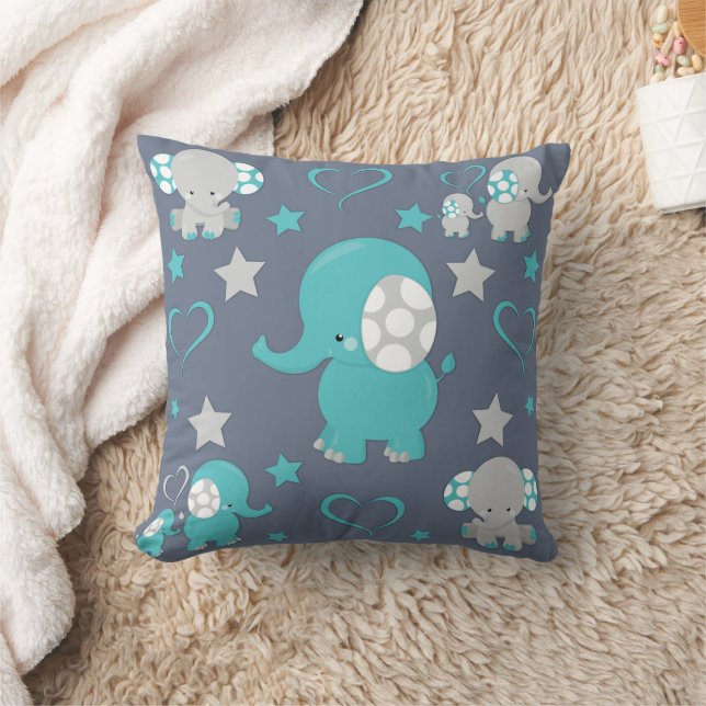 Teal Blue and Grey Baby Elephants Pattern Print Cushion (Blanket)