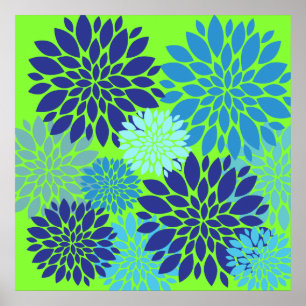 Teal Blue and Lime Green Flower Art Floral Print