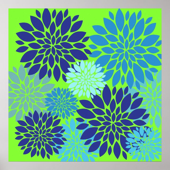 Teal Blue and Lime Green Flower Art Floral Print (Front)