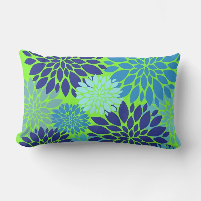 Teal Blue and Lime Green Flower Art Floral Print Lumbar Cushion (Front)