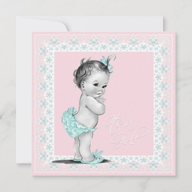 Teal Blue and Pink Baby Girl Shower Invitation (Front)