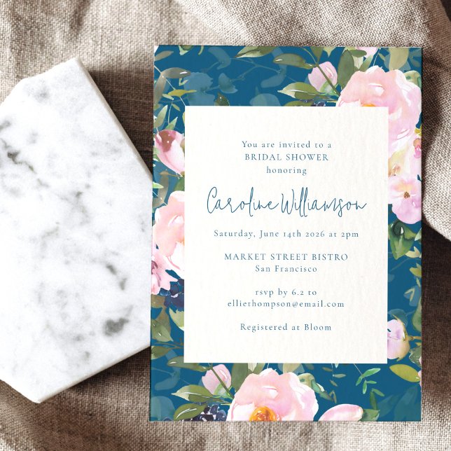 Teal Blue and Pink Botanical Florals Bridal Shower Invitation (Creator Uploaded)