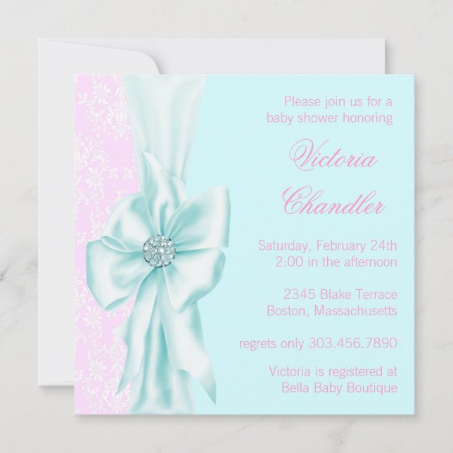 Teal Blue and Pink Damask Baby Girl Shower Invitation (Front)