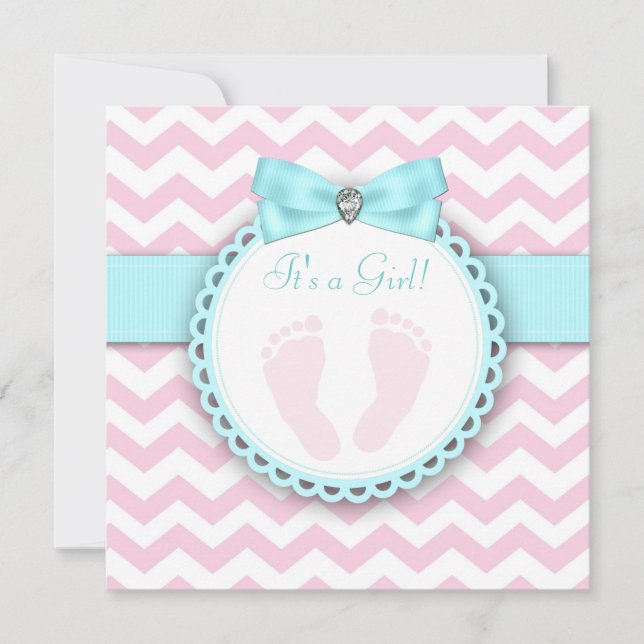 Teal Blue and Pink Footprint Baby Girl Shower Invitation (Front)