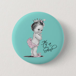 Teal Blue and Pink Princess Its a Girl Button