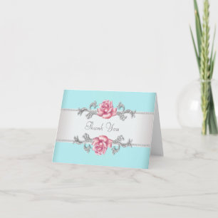 Teal Blue and Pink Rose Thank You Cards