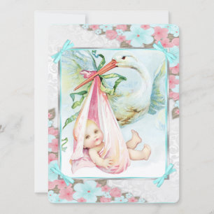 Teal Blue and Pink Stork Baby Shower Invitation