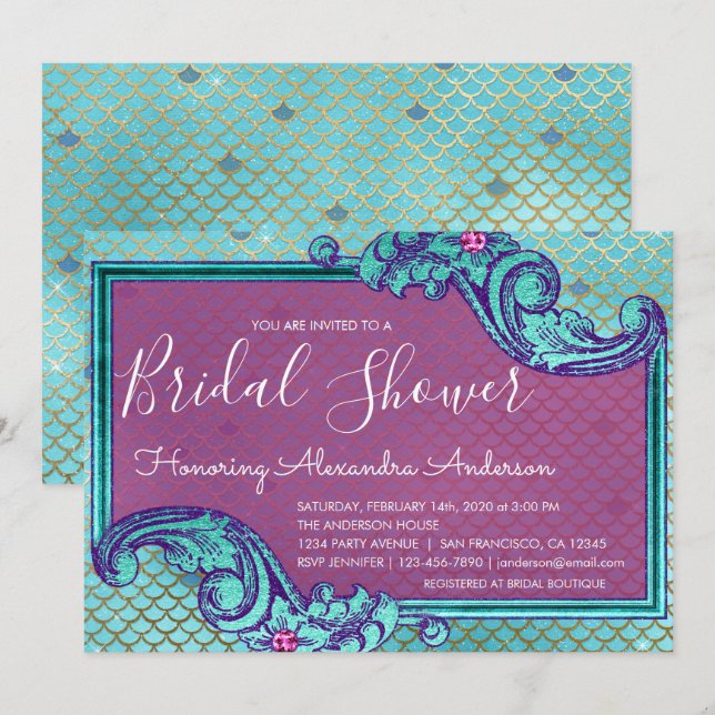 Teal Blue and Purple Mermaid Scales Bridal Shower Invitation (Front/Back)
