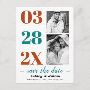 Teal blue and rust two photo Save the Date Postcard