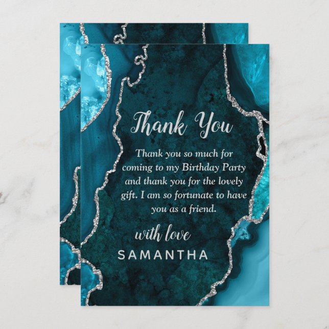 Teal Blue and Silver Agate Birthday Party Thank You Card (Front/Back)