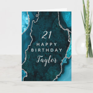 Teal Blue and Silver Agate Happy Birthday Card