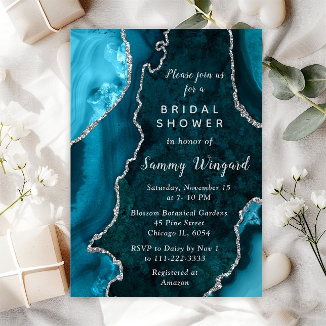 Teal Blue and Silver Agate Marble Bridal Shower Invitation (Creator Uploaded)