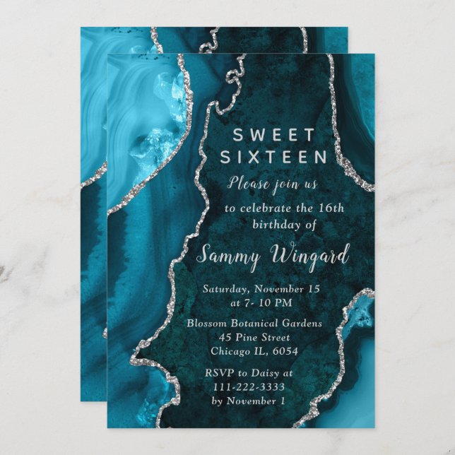 Teal Blue and Silver Agate Marble Sweet Sixteen Invitation (Front/Back)