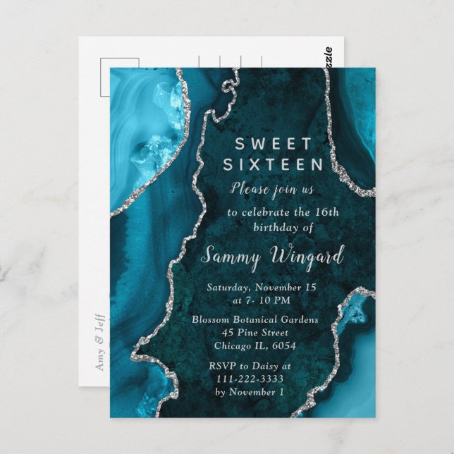 Teal Blue and Silver Agate Marble Sweet Sixteen Postcard (Front/Back)