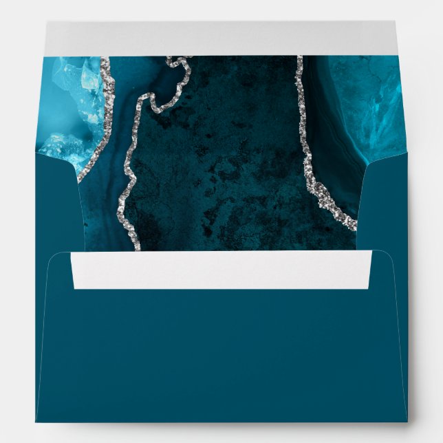 Teal Blue and Silver Agate Marble Wedding Envelope (Back (Bottom))