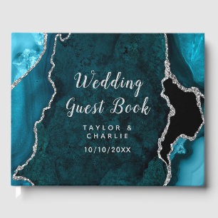 Teal Blue and Silver Agate Marble Wedding Guest Book