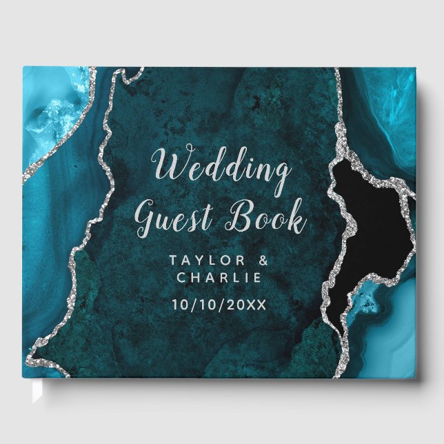 Teal Blue and Silver Agate Marble Wedding Guest Book (Front)