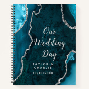 Teal Blue and Silver Agate Marble Wedding Notebook