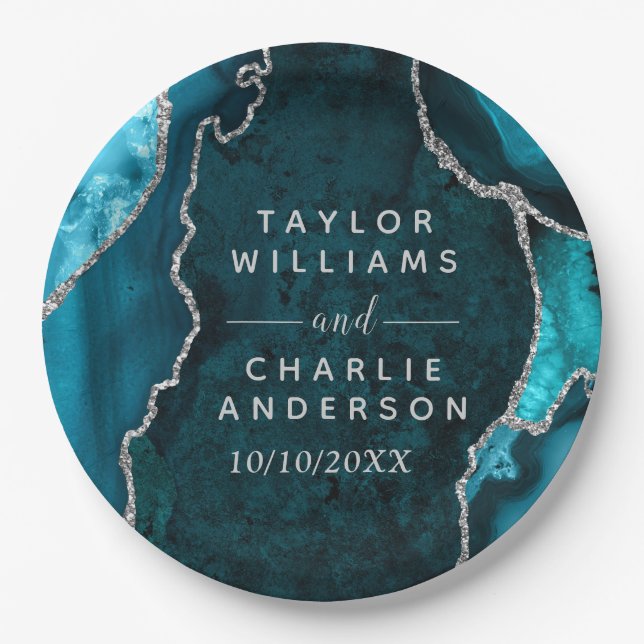 Teal Blue and Silver Agate Marble Wedding Paper Plate (Front)