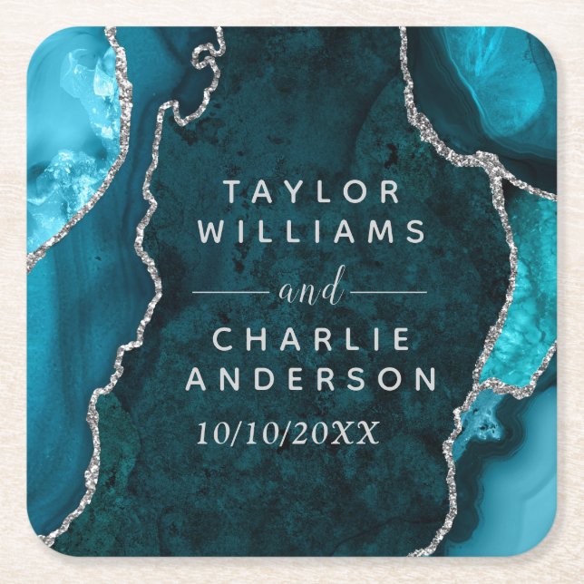 Teal Blue and Silver Agate Marble Wedding Square Paper Coaster (Front)