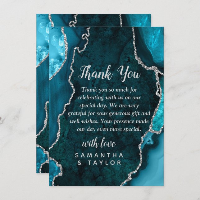 Teal Blue and Silver Agate Marble Wedding Thank You Card (Front/Back)