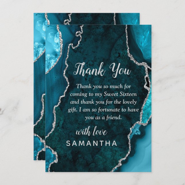 Teal Blue and Silver Agate Sweet Sixteen Thank You Card (Front/Back)