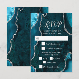 Teal Blue and Silver Agate Wedding Meal Choice RSVP Card