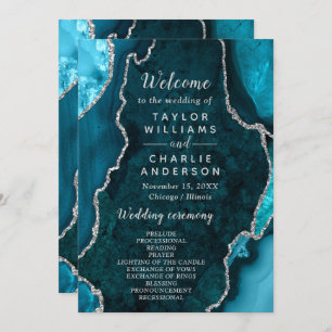Teal Blue and Silver Agate Wedding Program Programme