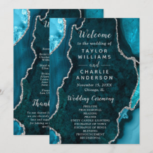 Teal Blue and Silver Agate Wedding Program Programme