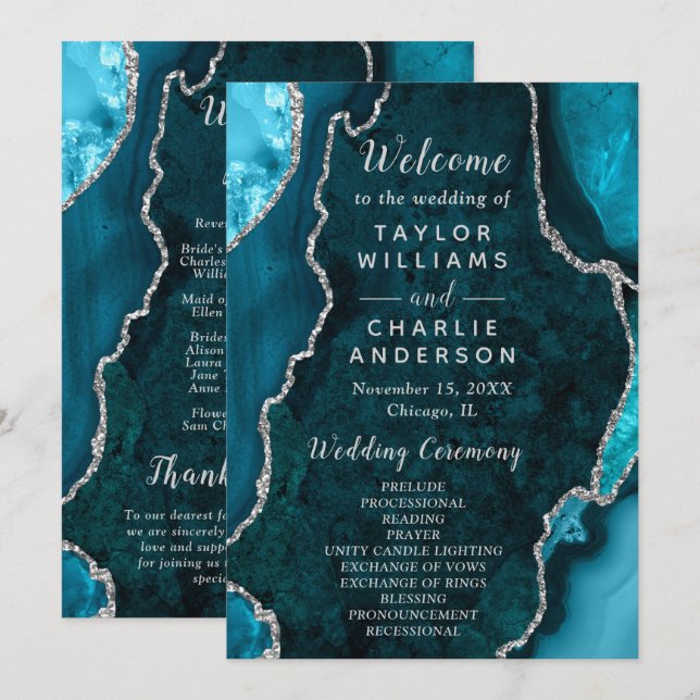 Teal Blue and Silver Agate Wedding Program Programme (Front/Back)