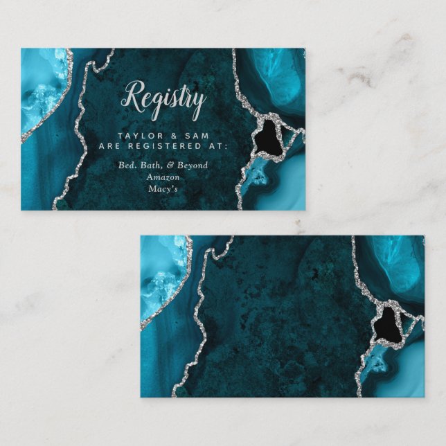 Teal Blue and Silver Agate Wedding Registry Enclosure Card (Front/Back)