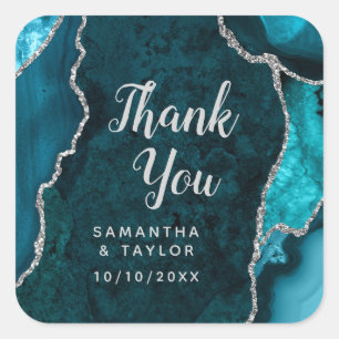 Teal Blue and Silver Agate Wedding Thank You Square Sticker