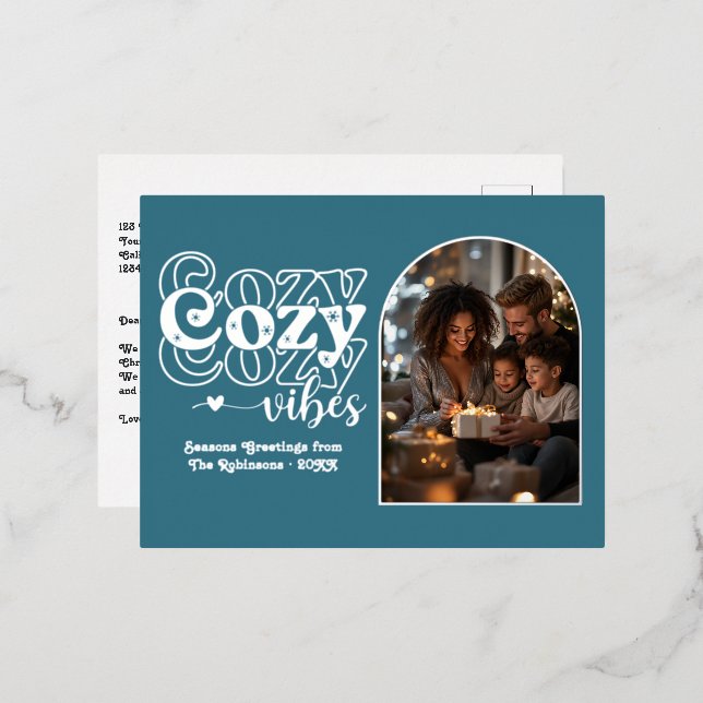 Teal Blue and Silver Cosy Vibes Retro Christmas Foil Holiday Postcard (Front/Back)
