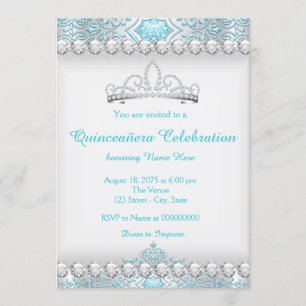 Teal Blue and Silver Diamond Princess Quinceanera Invitation