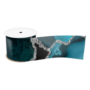 Teal Blue and Silver Faux Glitter Agate Satin Ribbon
